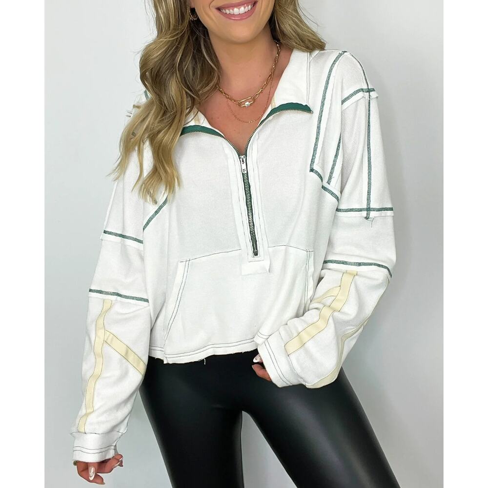 POL White and Green Zip-Up Hoodie